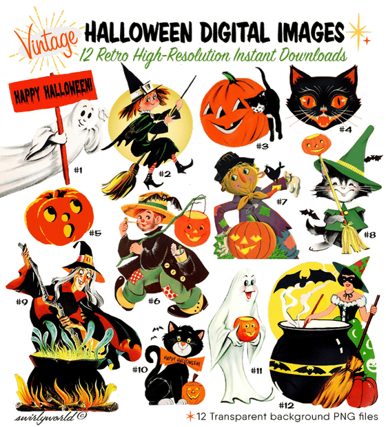 1940s 1950s 1960s vintage retro mid-century modern digital Halloween images for scrapbooking, ephemera