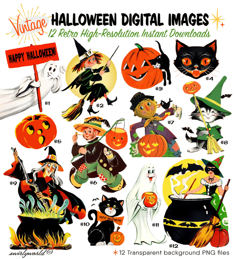 1940s 1950s 1960s vintage retro mid-century modern digital Halloween images for scrapbooking, ephemera