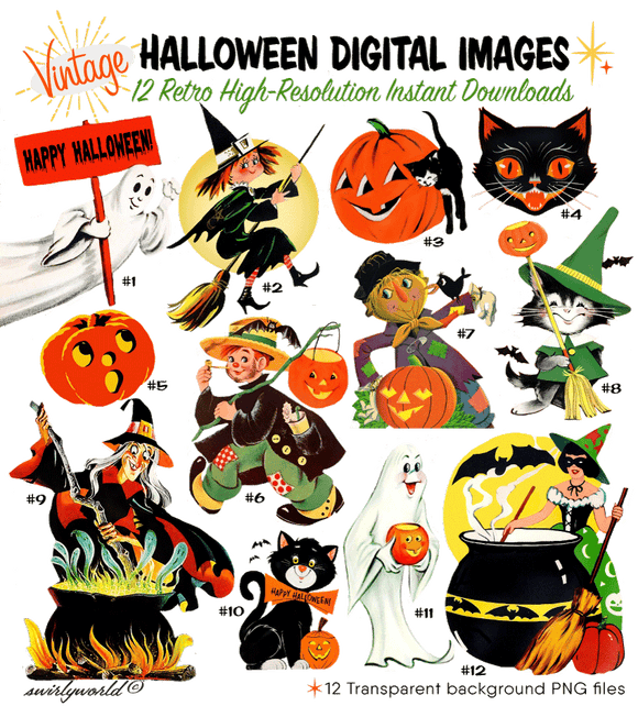 1940s 1950s 1960s vintage retro mid-century modern digital Halloween images for scrapbooking, ephemera