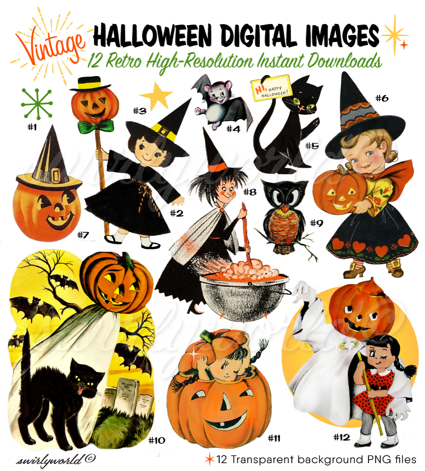 Explore Swirly World's Spooktacular collection of rare 1940s-1960s Halloween images! Featuring witches, ghosts, trick-or-treaters, black cats, and more, these beautifully restored designs with transparent backgrounds are perfect for your retro Halloween projects. Check out our full vintage collection!. 11950's, 1960s retro mid-century modern vintage Halloween images 
