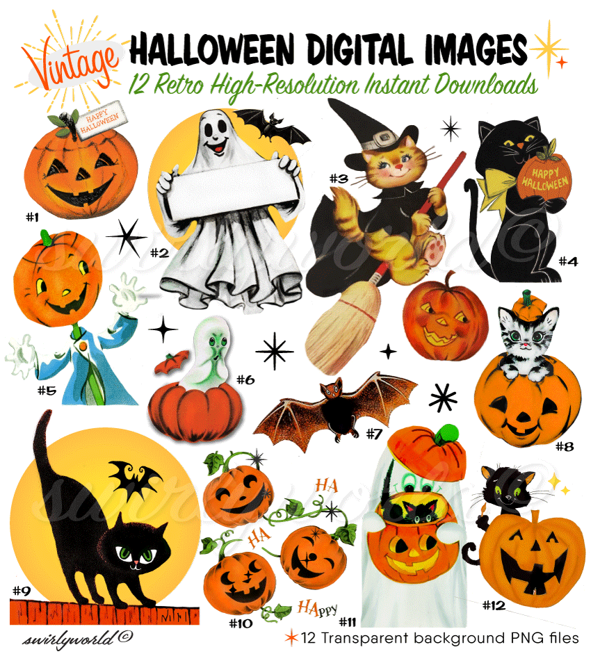 Discover Swirly World's Spooktacular collection of rare 1940s-1960s vintage Halloween images! Featuring jack-o'-lanterns, ghosts, black cats, and more, these beautifully restored illustrations with transparent backgrounds are perfect for your retro Halloween projects. Explore more vintage sets today!. 1940s, 1950s, 1960s vintage retro mid-century modern Halloween images. 