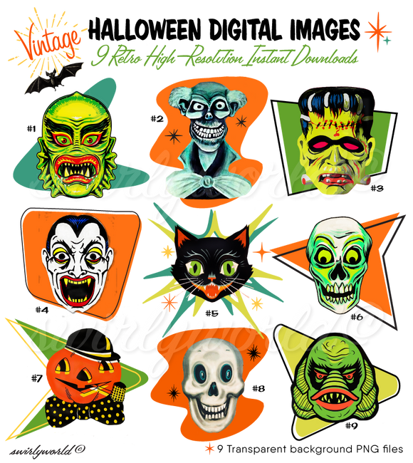 Vintage 1950s, 1960s, 1970s, 1980's vintage retro Halloween mid-century horror illustrations image downloads.