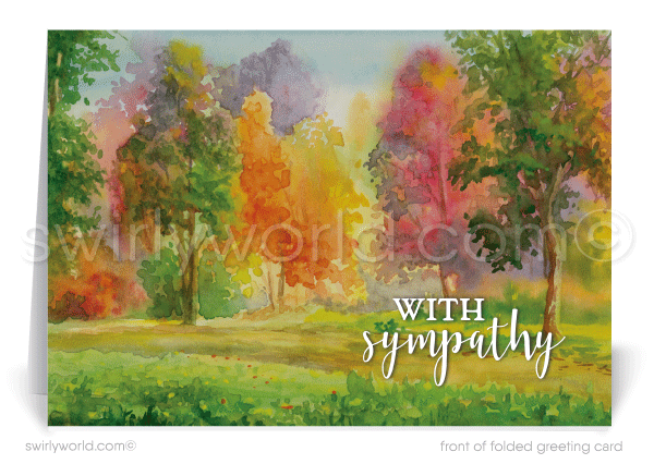 Beautiful watercolor landscape nature trees "With Sympathy" professional greeting cards for business.