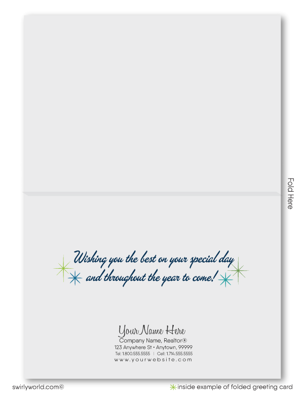 Atomic mid-century modern abstract shapes gender neutral professional retro happy birthday cards for clients.