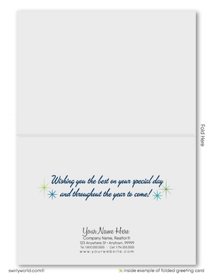 Atomic mid-century modern abstract shapes gender neutral professional retro happy birthday cards for clients.