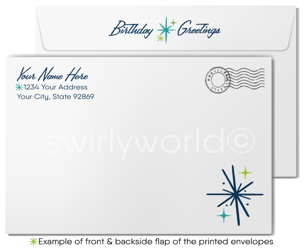 Atomic mid-century modern abstract shapes gender neutral professional retro happy birthday cards for clients.