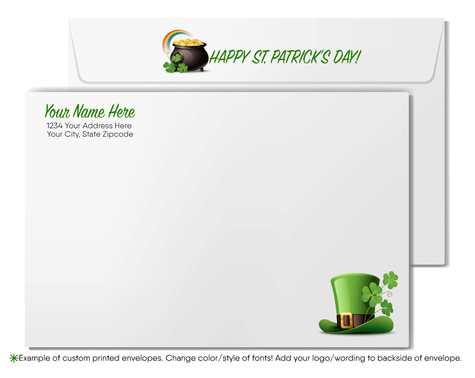 Cute business "Lucky to have you as a customer" green shamrocks leprechaun with pot of gold at end of rainbow happy St. Patrick's Day greeting cards.