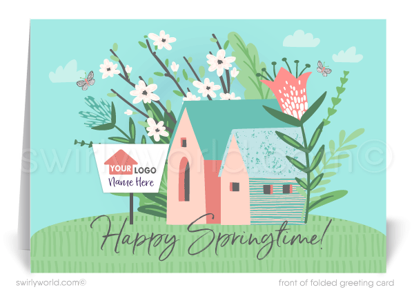 Beautiful quaint cottage with cherry blossom tree happy Spring greeting cards for Realtor® real estate marketing.