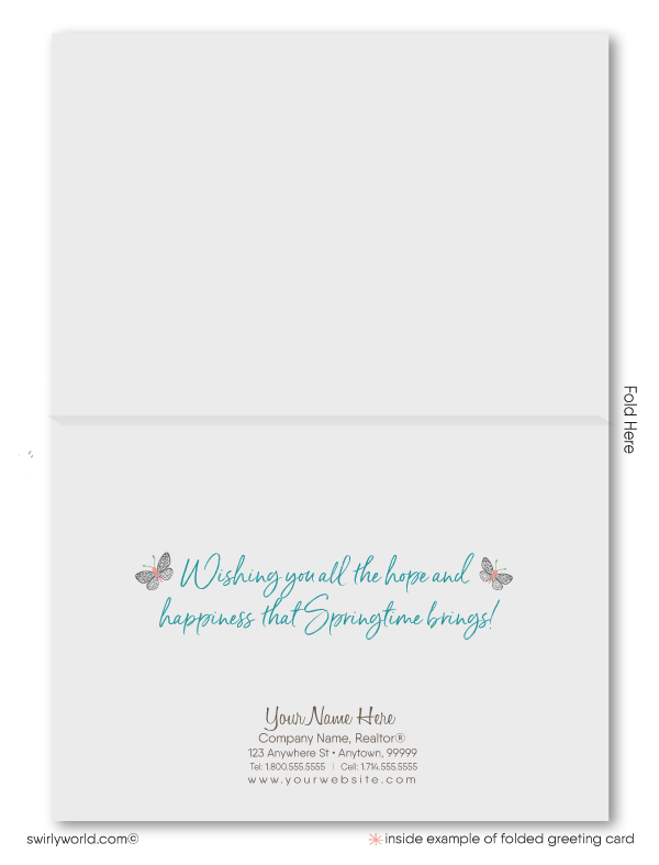 Charming spring card with a flower-filled garden, sunny sky, and cottage design. Includes space for custom realtor branding. Perfect for client appreciation!