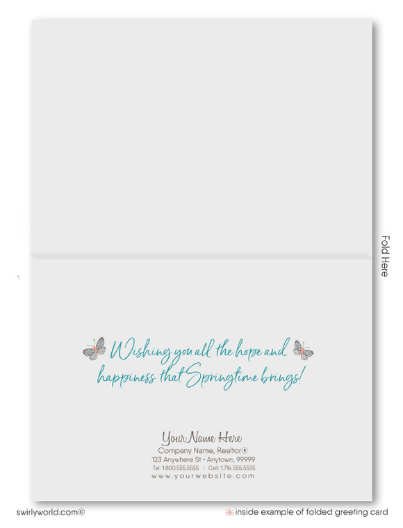 Charming spring card with a flower-filled garden, sunny sky, and cottage design. Includes space for custom realtor branding. Perfect for client appreciation!