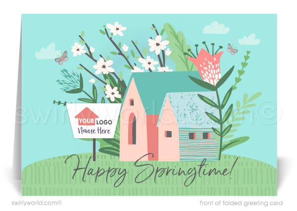 Charming spring card with a flower-filled garden, sunny sky, and cottage design. Includes space for custom realtor branding. Perfect for client appreciation!