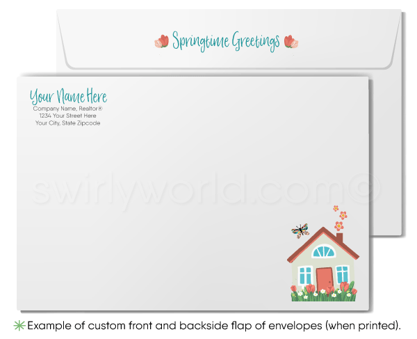 Happy Springtime Greeting Card – Cottage with Flowers, Butterflies & Realtor Branding Option