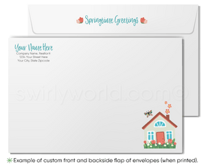 Happy Springtime Greeting Card – Cottage with Flowers, Butterflies & Realtor Branding Option