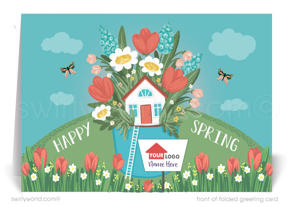 Charming spring Easter card with a cottage, blooming flowers, butterflies & blue sky. Includes space for your realtor logo or branding. Perfect client touch!