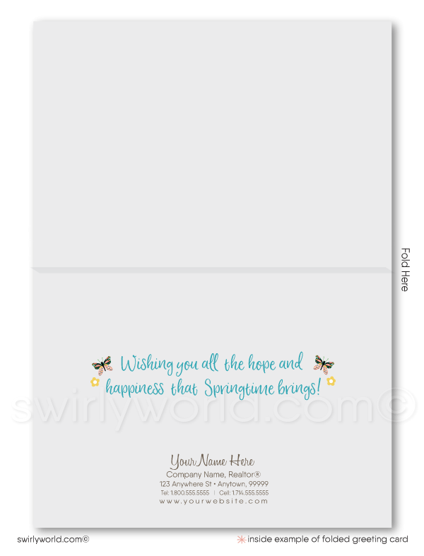 Charming spring Easter card with a cottage, blooming flowers, butterflies & blue sky. Includes space for your realtor logo or branding. Perfect client touch!