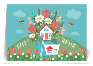 Charming spring Easter card with a cottage, blooming flowers, butterflies & blue sky. Includes space for your realtor logo or branding. Perfect client touch!
