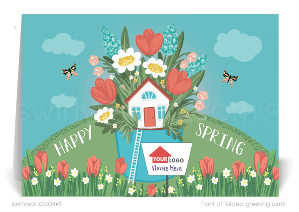 Beautiful springtime cute house in pot with flowers growing all around happy Spring greeting cards for Realtor® real estate marketing.