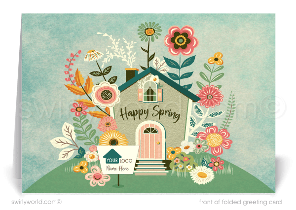 Charming spring card with a flower-covered cottage on a hill, retro “Happy Spring” lettering, and a realtor signpost for custom branding. Perfect for clients!