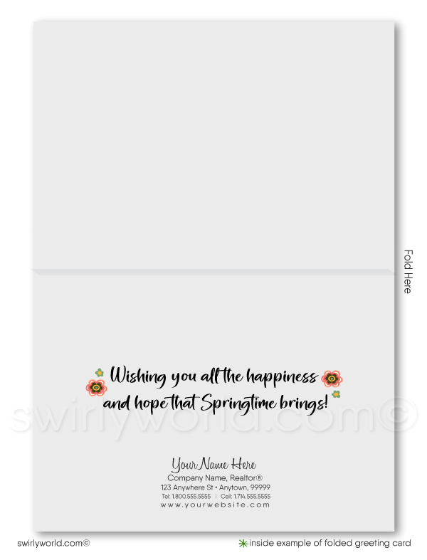 Charming spring card with a flower-covered cottage on a hill, retro “Happy Spring” lettering, and a realtor signpost for custom branding. Perfect for clients!