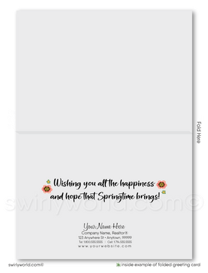 Beautiful springtime cute house with flowers growing all around happy Spring greeting cards for Realtor® real estate marketing.