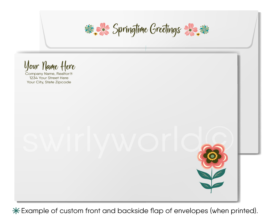 Beautiful springtime cute house with flowers growing all around happy Spring greeting cards for Realtor® real estate marketing.