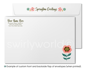 Beautiful springtime cute house with flowers growing all around happy Spring greeting cards for Realtor® real estate marketing.