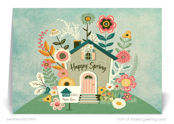 Beautiful springtime cute house with flowers growing all around happy Spring greeting cards for Realtor® real estate marketing.