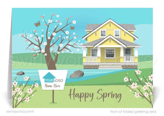 Beautiful yellow craftsman home on creek with cherry blossom tree happy Spring greeting cards for Realtor® real estate marketing.
