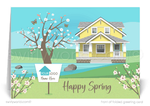 Beautiful yellow craftsman home on creek with cherry blossom tree happy Spring greeting cards for Realtor® real estate marketing.