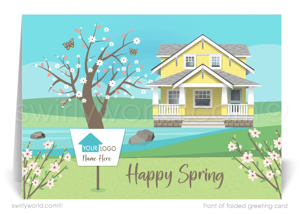 Beautiful yellow craftsman home on creek with cherry blossom tree happy Spring greeting cards for Realtor® real estate marketing.