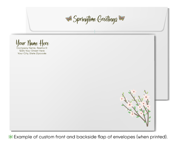 Spring Greeting Card – Yellow Craftsman Home with Cherry Blossoms & Realtor Branding