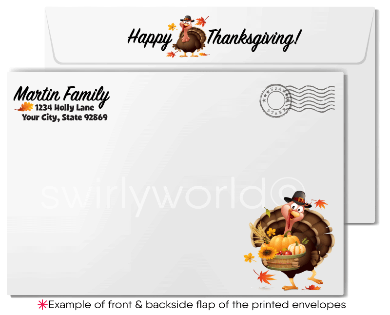 Thanksgiving Card – Cartoon Turkey with Basket of Fall Goodies and Customer Appreciation