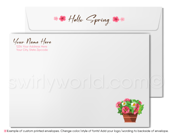 Beautiful pink cherry blossoms flowers springtime white fence in neighborhood  Spring greeting cards for Realtor® business professional marketing.