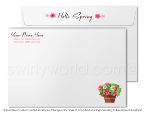 Beautiful pink cherry blossoms flowers springtime white fence in neighborhood  Spring greeting cards for Realtor® business professional marketing.