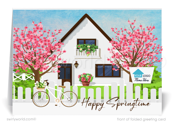 Beautiful pink cherry blossoms flowers springtime white fence in neighborhood  Spring greeting cards for Realtor® business professional marketing.