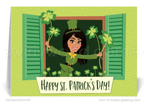 Cute St. Patty's Day Lady Woman Girl holding shamrocks coming out of a window St. Patrick's Day cards for Realtors.