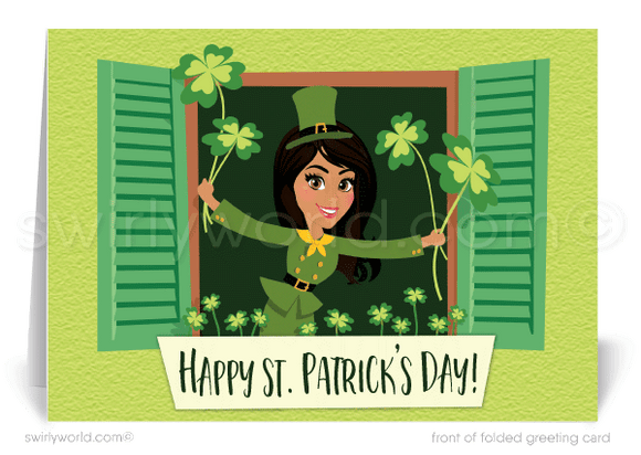 Cute St. Patty's Day Lady Woman Girl holding shamrocks coming out of a window St. Patrick's Day cards for Realtors.