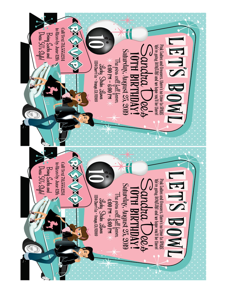 Retro vintage Pink Ladies Grease themed "Let's Bowl" pink and blue 1950s rockabilly bowling party poodle skirt birthday; fifties digital invitation and thank you card download bundle.