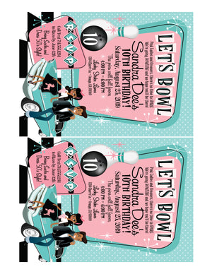 Retro vintage Pink Ladies Grease themed "Let's Bowl" pink and blue 1950s rockabilly bowling party poodle skirt birthday; fifties digital invitation and thank you card download bundle.
