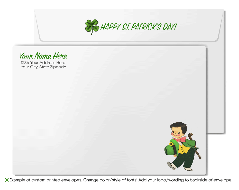 Vintage 1940s retro kitsch "Lucky to have you as a customer" green shamrocks leprechaun happy St. Patrick's Day greeting cards.