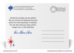 Exclusive Patriotic Happy New Year Postcards with Red, White, and Blue Design, Starbursts, and Bold Typography