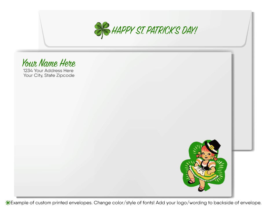 Vintage 1940s retro kitschy Irish girl green shamrocks leprechaun happy St. Patrick's Day greeting cards.