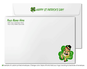 Vintage 1940s retro kitschy Irish girl green shamrocks leprechaun happy St. Patrick's Day greeting cards.