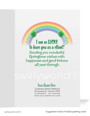 Realtor St. Patrick's Day Cards marketing for real estate agents. Lucky to have you as a client. Girl realtor dressed up as a cute leprechaun. Realtor® happy St. Patrick's Day greeting cards for business professionals; shamrocks, green house with rainbow and pot of gold. "Luck of the Irish."