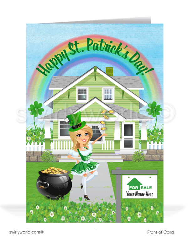 Realtor St. Patrick's Day Cards marketing for real estate agents. Lucky to have you as a client. Girl realtor dressed up as a cute leprechaun. Realtor® happy St. Patrick's Day greeting cards for business professionals; shamrocks, green house with rainbow and pot of gold. "Luck of the Irish."