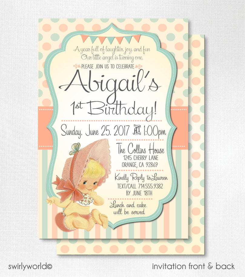 Digital Vintage 1st Birthday Invitations, Retro 1950s First Birthday Invitations, Vintage Baby 1st Birthday Invites, Girl 1st Birthday Party