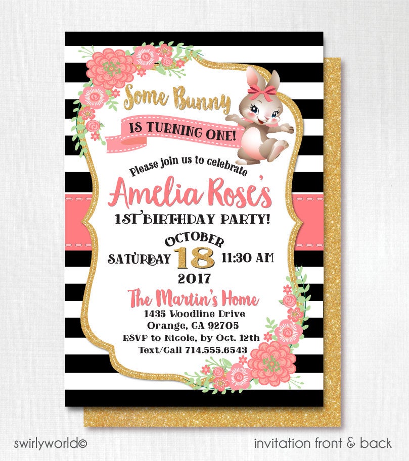 Digital Some Bunny 1st Birthday Invitations, Bunny First Birthday Invitations, Vintage Baby 1st Birthday Invites, Girl 1st Birthday Party