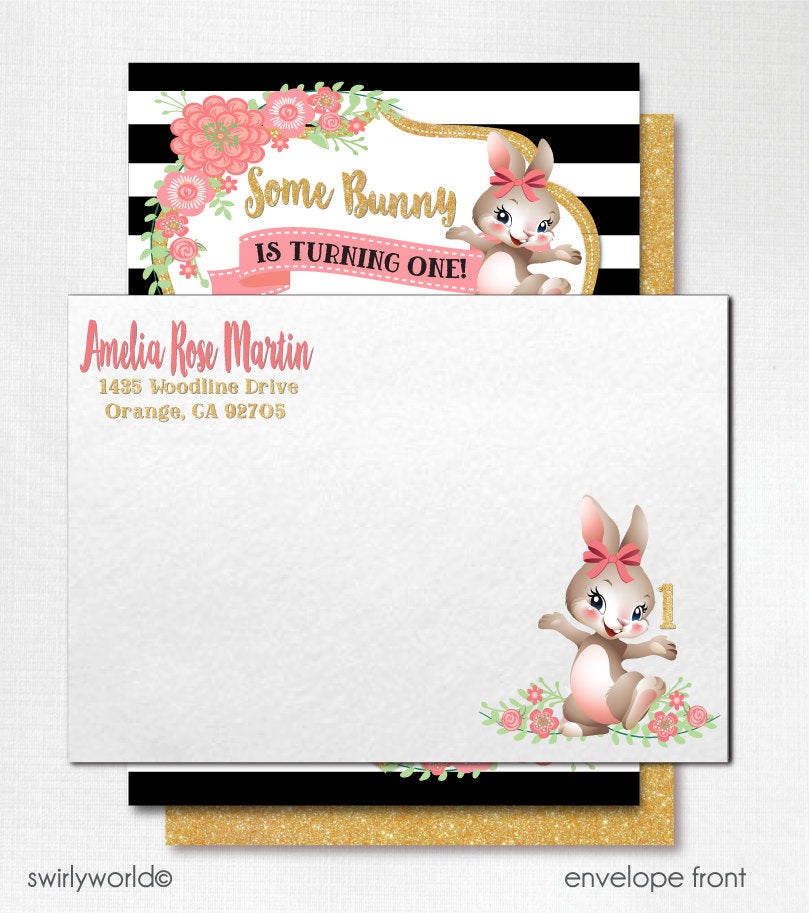 Digital Some Bunny 1st Birthday Invitations, Bunny First Birthday Invitations, Vintage Baby 1st Birthday Invites, Girl 1st Birthday Party