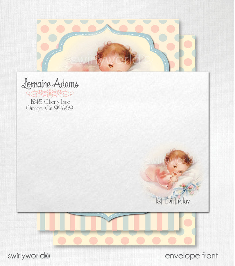 Vintage 1st Birthday Invitations, Retro 1950s First Birthday Invitations, Vintage Baby 1st Birthday Invites, Girl 1st Birthday Party CORJL