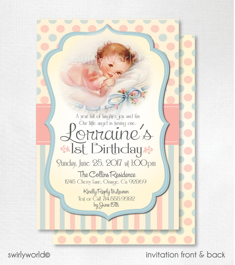 Vintage 1st Birthday Invitations, Retro 1950s First Birthday Invitations, Vintage Baby 1st Birthday Invites, Girl 1st Birthday Party CORJL